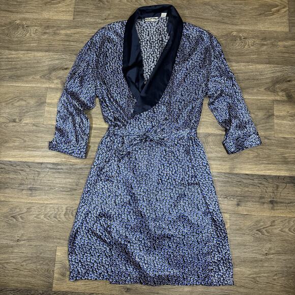 PERRY ELLIS Navy Blue 100% Silk Loungewear Robe Men's Large / XL